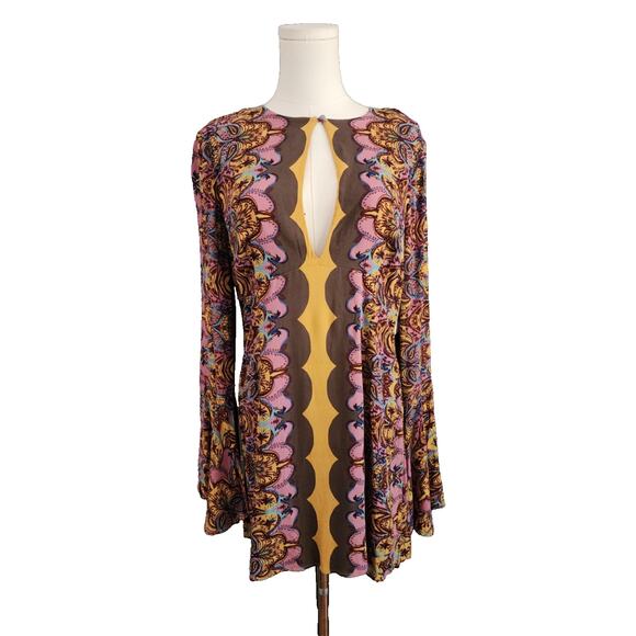 FREE PEOPLE Sz 6 Gold/Brown OSSIE VIBES Bell Sleeve Tunic Mini Dress NWT $128 - Picture 3 of 10